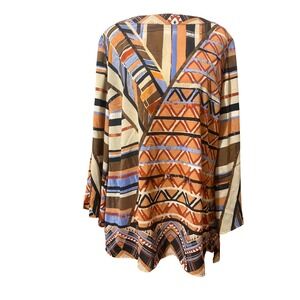 Chico's Womens Geometric Print Long Sleeve Tunic Top Orange Brown Blue Boho